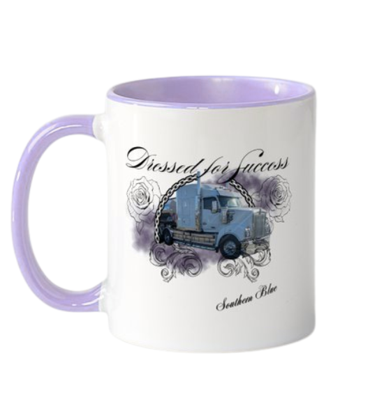 Mug with a Kenworth design and text 'Dressed for Success' on a white background