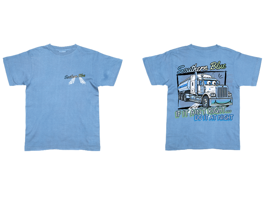 On the back, a bold illustration of a shining blue rig takes centre stage, rolling through the night with confidence and style. The slogan “If it ain’t right… do it at night” adds a cheeky touch of road wisdom... perfect for young truck fans who look up to the real road warriors. The front keeps it simple with a clean Southern Blue logo and tyre-track accents, giving the tee a cool, laid-back look from every angle.