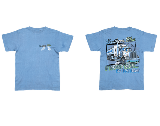 On the back, a bold illustration of a shining blue rig takes centre stage, rolling through the night with confidence and style. The slogan “If it ain’t right… do it at night” adds a cheeky touch of road wisdom... perfect for young truck fans who look up to the real road warriors. The front keeps it simple with a clean Southern Blue logo and tyre-track accents, giving the tee a cool, laid-back look from every angle.