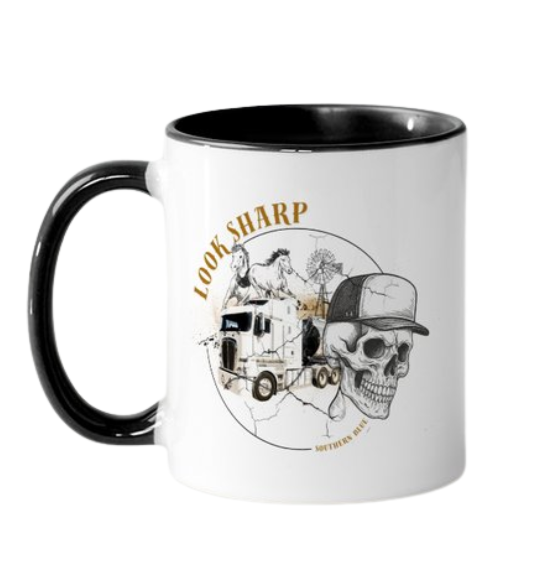 Mug with skull and truck design. Look Sharp. Black 