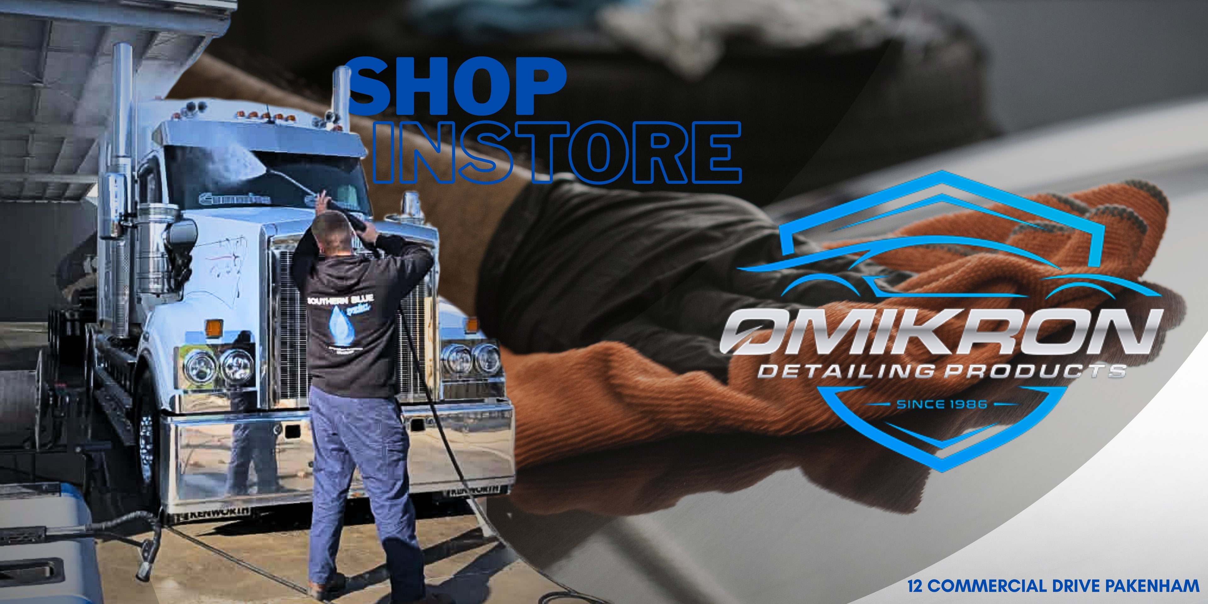 Kenworth being washed with a person and a gloved hand holding a detailing product, featuring Omikron Detailing Products logo. SOUTHERN BLUE