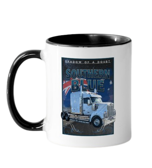 White mug with black handle featuring a truck design and 'Southern Blue' text on a white background