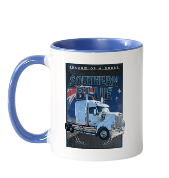 Mug with a truck design and 'Southern Blue' text on a white background
