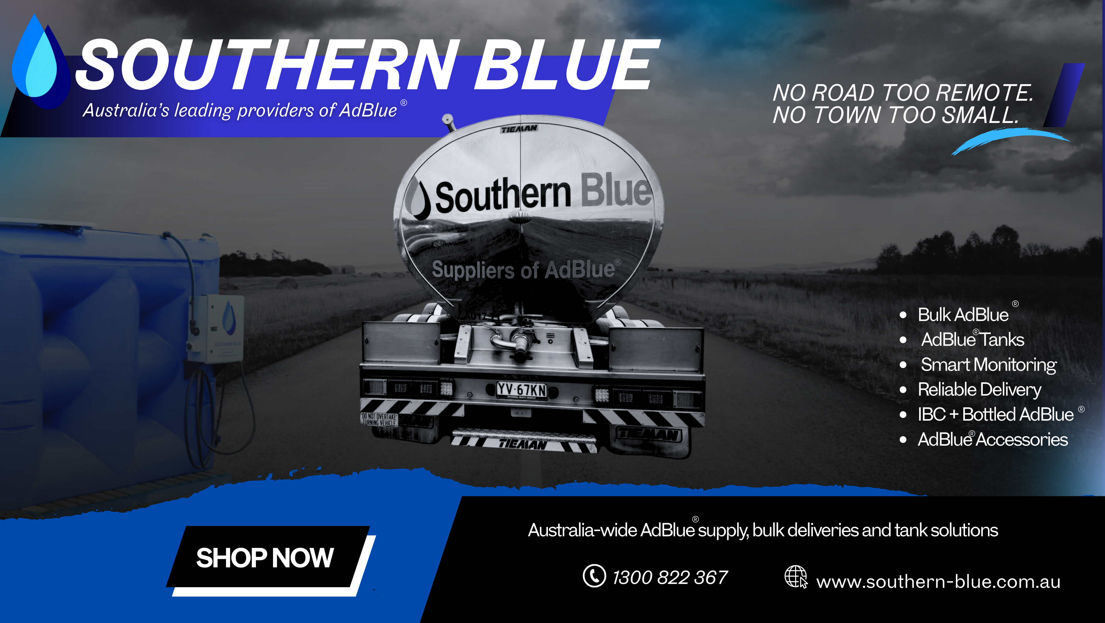 Advertisement for Southern Blue, a provider of AdBlue solutions with a truck and storage tanks in the background.