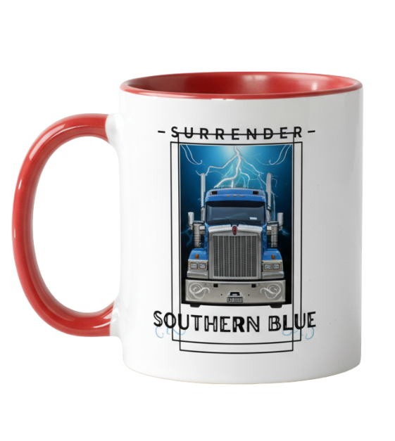 White mug with red handle featuring a KENWORTH graphic. Red 