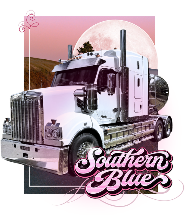 Truck with 'Southern Blue' branding against a pink and purple gradient background staring the Kenworth. 